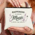 Bolsa de maquillaje de lienzo con estampado de letras musicales, estuche con cremallera. - Estilo de Estampado Cantar Música Con Chicas