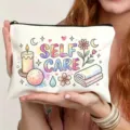 Leinwand Kosmetiktasche mit Aquarell Self Care Druck, süße Reißverschlusstasche Aufbewahrung. - Self Care Stil (7.16) / Weiß