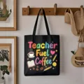 Detailansicht der schwarzen Segeltuchtasche mit buntem Lehrer Kaffeemotiv für die Schule. - Stil 19 / Schwarz