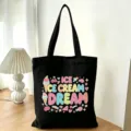 Borsa shopper in tela nera con stampa dolce sogno di gelato, borsa grande e comoda. - Sogno di Gelato Cono Ghiacciolo (19)