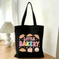 Borsa shopper in tela nera con stampa di panetteria carina, grande borsa a spalla comoda. - Piccolo Panificio Pane Cartone Animato (18)