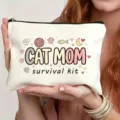 Borsa cosmetica con cerniera in tela bianca con stampa gatto mamma per uso quotidiano - Cat Mom con Gatto (17)