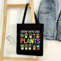 Bolso de lona negro con estampado de plantas coloridas, bolsa casual para uso diario y compras. - Estilo Plantas en Maceta 16