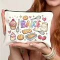 Canvas Kosmetiktasche mit süßem Aquarell Backen Druck, Reißverschluss, ideal für den Alltag. - Bäckerei Druck Stil (7.16) / Weiß