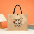 Jute teacher tote bag, vintage burlap shopping handbag, appreciation gift for educators. - BEST Teacher EVER