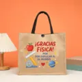 Spanish physics education printed jute tote bag, large capacity canvas handbag for daily use. - Physics World Style