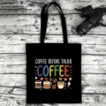 Black canvas tote bag with cute coffee letter print and shoulder straps for daily use. - Style 15