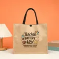 Teacher jute tote bag large capacity burlap shopper bag with coffee print design for daily use. - Style 13