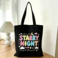 Borsa tote in tela nera con stampa notte stellata, grande borsa shopper casual. - Notte Stellata Pianeta Cartone Animato (16)