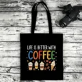 Black canvas tote bag with coffee quote print, durable casual shoulder bag for daily use. - Style 14