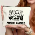 Minimalist black and white line art music canvas zipper makeup pouch for daily use. - Music Elements Illustration Style (15)