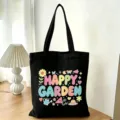 Borsa tote in tela nera con simpatiche stampe di cartoni animati Happy Garden, grande borsa. - Giardino Felice Fiori Verdi (15)