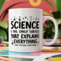 Detailed shot of a white ceramic coffee mug featuring funny science subject typography design. - 350ml / Science Slogan Style
