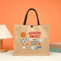 Vista detallada del bolso tote de yute para profesor con estampado de dibujos animados. - Tema de Viaje de Gratitud