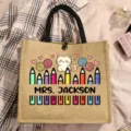 Detailed view of customized burlap tote bag featuring cute cat and pencil prints for teachers. - Cute Cat Style (14)