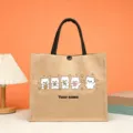 Customizable jute tote bag with cute bear pattern, durable burlap shopping bag for daily use - Style 20