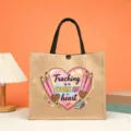 Jute tote bag with teacher heart print, large capacity canvas bento bag for daily gift use - Style 13