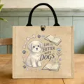 Nahaufnahme des niedlichen Hundemotivs auf der Jute-Lunchtasche mit schwarzen Henkeln. - Corgi Hund Stil (2)
