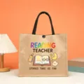 Teacher jute tote bag, colorful reading teacher canvas shopping bag with cute book print. - Reading Teacher Style (17)