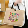 Teacher appreciation jute tote bag with colorful letter print, large capacity casual handbag. - Style 16