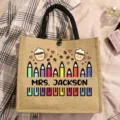 Customized teacher burlap tote bag with cute cartoon pencils and coffee cup graphic print. - Coffee and Pencils Style (11)
