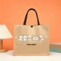Customizable jute tote bag featuring cute puppy graphic and personalized name text detail. - Style 18