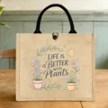 Detailaufnahme der niedlichen Jute-Lunchtasche mit Pflanzenmuster und stabilen Griffen. - Pflanze Stil (4)