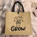 Jute tote bag with plant print and GROW text, eco-friendly casual handbag for daily shopping. - Style 9