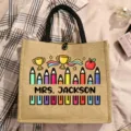 Personalized teacher jute tote bag with cute colored pencil graphic, practical reusable grocery bag. - Colored Pencils and Trophy Style (10)