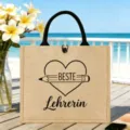 Personalisierte Lehrerin Jute Tasche mit Griff, große Kapazität Strand Einkaufstasche. - Deutsches Herz Bleistift Stil (15)