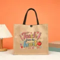 Teacher jute tote bag large capacity bento bag cute cartoon printed canvas handbag - Style 8