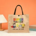 Jute teacher tote bag with cute cartoon superhero print, rainbow letters, durable shopping bag. - Super Teacher Style (15)