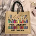 Custom teacher jute tote bag with cute colored pencil and microphone graphic detail. - Colored Pencils and Microphone Style (9)
