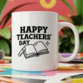 Tasse a café en céramique blanche avec texte Happy Teachers Day et motif de livre et crayon. - Style Croquis Classique Noir Blanc Américain (11) / 350ml Paquet Unique