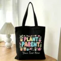 Borsa shopper in tela nera con stampa di piante carina, grande borsa casual per uso quotidiano. - Genitore di Piante Piante in Vaso (14)