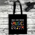 Black canvas tote bag with colorful music lover forever print, casual shoulder bag for daily use. - Style 13