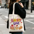 Einkaufstasche aus Baumwolle mit süßem Bäckerei-Kuchen-Druck für den Alltag und Freizeit. - Bäckerei-Liebe-Druck
