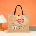 Detalle de bolso de yute con estampado de agradecimiento para profesores y asas negras. - Tema de Inspiración Creativa