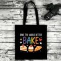 Black canvas tote bag with cute baking English print, casual shoulder bag for daily use. - Style 12