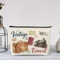 Vintage Reise-Stil Leinwand Kosmetiktasche, Retro Illustration tragbare Make-up-Tasche Alltag. - Vintage Reise