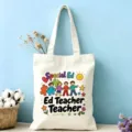 Vue détaillée du sac cabas en toile, impression enseignant éducation spéciale, coton résistant. - Style Enseignant Spécialisé (13)