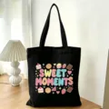 Borsa shopper in tela nera con stampa dessert sweet moments, grande borsa a tracolla casual. - Momenti Dolci Dolce Grafica (11)