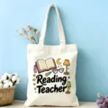 Sac cabas en toile de coton pour enseignant, imprimé livre et lampe, grand sac bandoulière. - Style Enseignant de Lecture (12)
