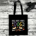 Black canvas tote bag with cute dog text print, casual shoulder bag for daily use. - Style 11