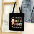 Bolsa de lona negra con lindo estampado de helado, bolso casual espacioso para uso diario. - Estilo Helado 10