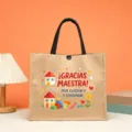 Detail shot of the Spanish teacher appreciation jute tote bag with colorful cartoon illustrations. - Thanks Teacher Guiding Style