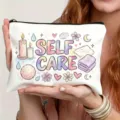 Verlauf Englisch Druck Leinen Kosmetiktasche, süße Aquarell Illustration Reißverschlusstasche. - Self Care Essentials Stil (7.16) / Weiß