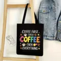 Bolsa tote de lona negra con estampado de café, bolso de hombro informal para uso diario. - Estilo Café 09