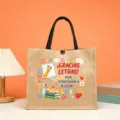 Burlap tote bag with colorful educational print, large capacity handbag for teachers and students. - Letters Reading Style