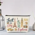 Retro Reise Stil Canvas Kosmetiktasche mit Wahrzeichen Illustrationen und Slogan fur Outdoor. - Stadtentdecker
